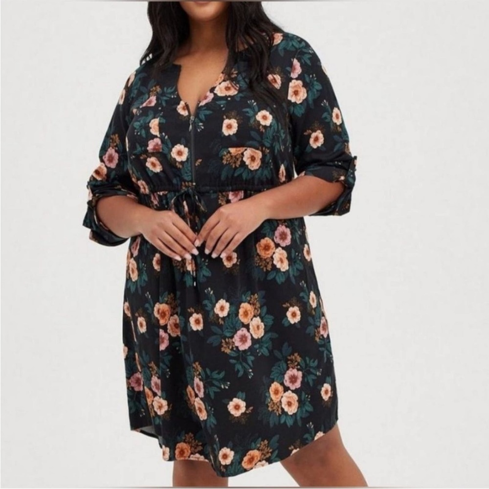 Torrid Women’s Plus Size 2X Mini Challis Zip Front Shirt Dress Green Floral Boho